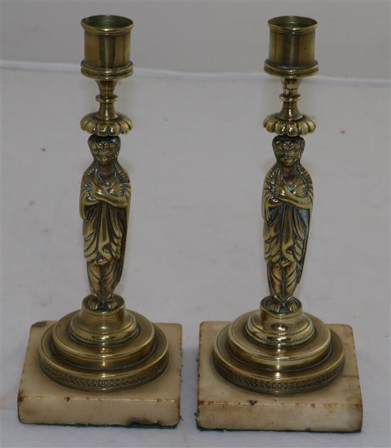 A pair of 19th century French brass candlesticks, 8.5in.